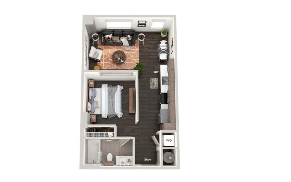 A101 - Studio floorplan layout with 1 bathroom and 588 square feet