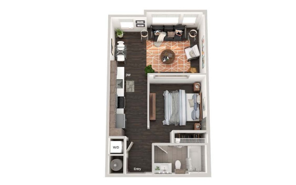 A101a - Studio floorplan layout with 1 bathroom and 600 square feet