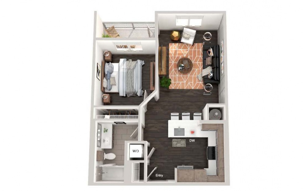 A102 - 1 bedroom floorplan layout with 1 bath and 674 square feet.