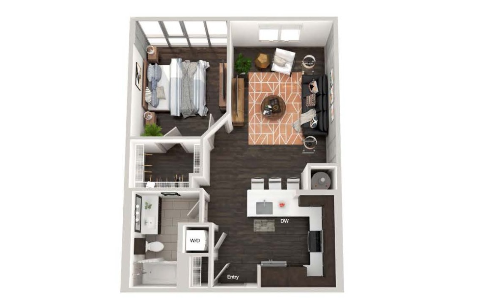 A102a - 1 bedroom floorplan layout with 1 bathroom and 728 square feet