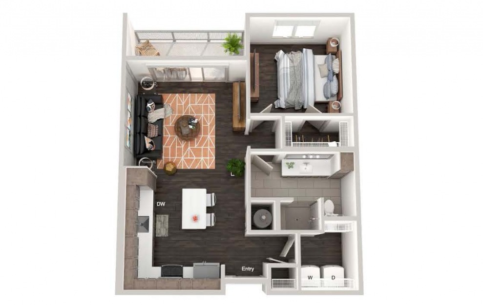 A103 - 1 bedroom floorplan layout with 1 bath and 713 square feet.