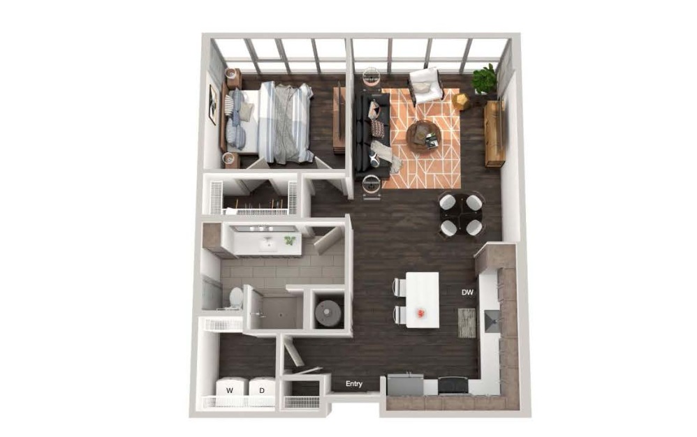 A103a - 1 bedroom floorplan layout with 1 bathroom and 780 square feet