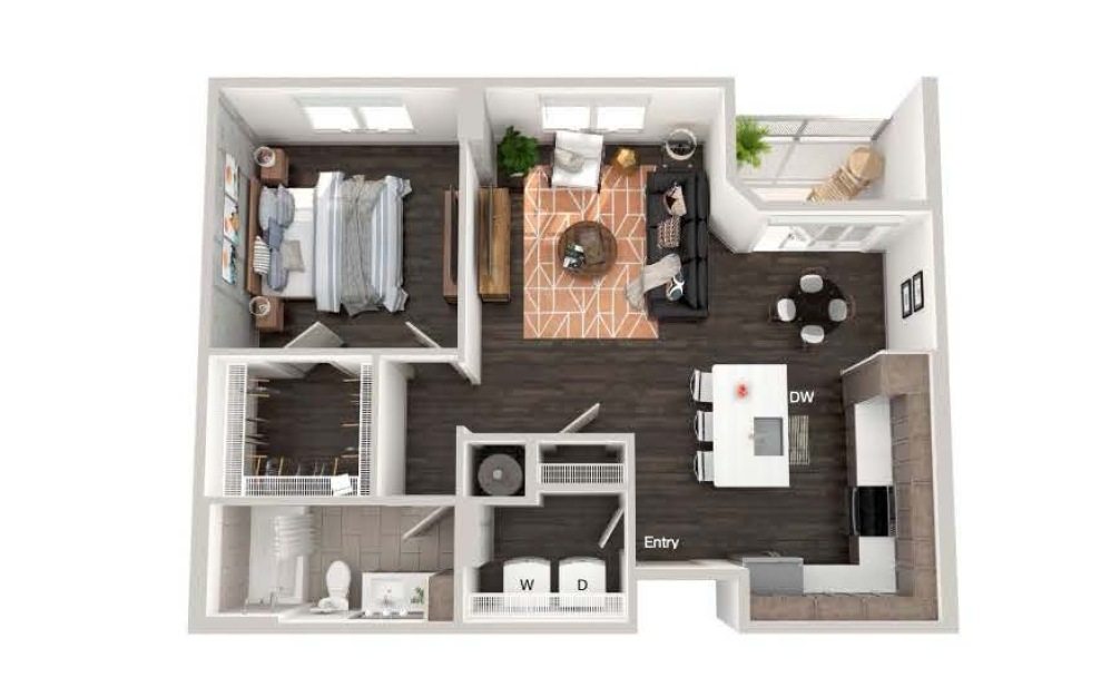 A104 - 1 bedroom floorplan layout with 1 bathroom and 818 square feet