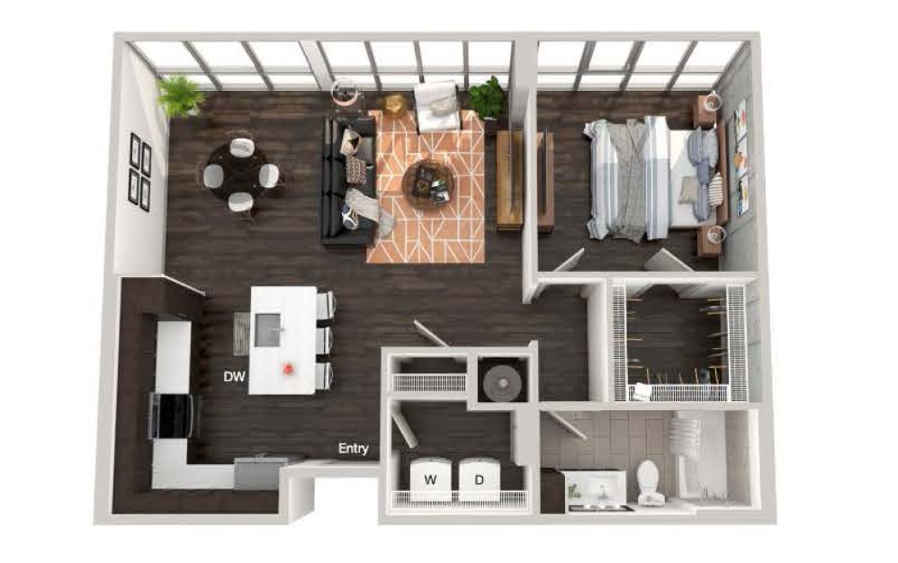 A104a - 1 bedroom floorplan layout with 1 bathroom and 873 square feet