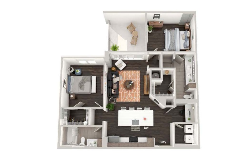 A105 - 2 bedroom floorplan layout with 2 bathrooms and 1128 square feet