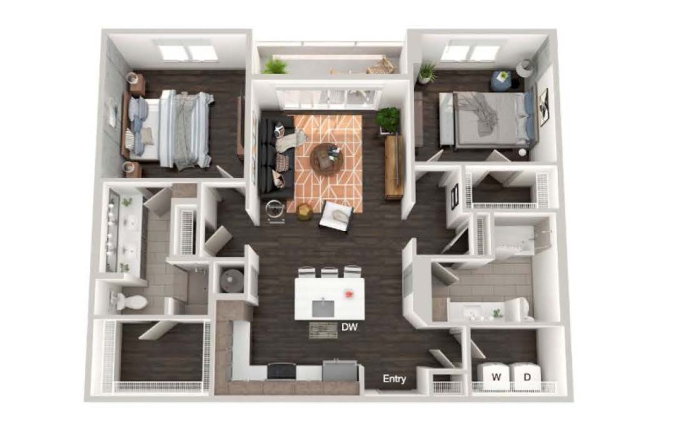 A106 - 2 bedroom floorplan layout with 2 bathrooms and 1127 square feet