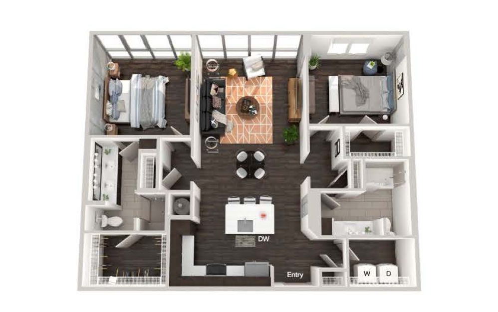 A106a - 2 bedroom floorplan layout with 2 bathrooms and 1178 square feet