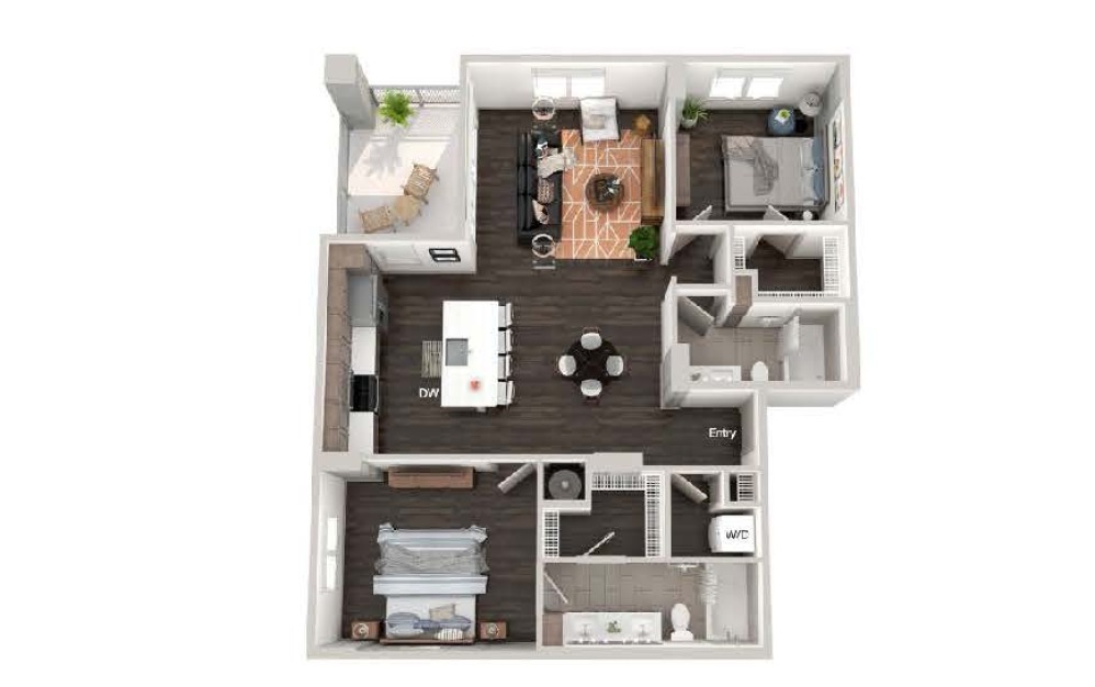 A107 - 2 bedroom floorplan layout with 2 bathrooms and 1186 square feet