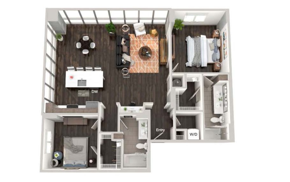 A107a - 2 bedroom floorplan layout with 2 bathrooms and 1281 square feet